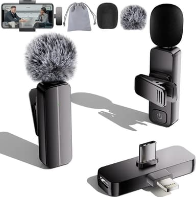 2-Pack Wireless Mini Lavalier Microphone for iPhone,Android Phone - 65ft Cordless Clip on Mics with Noise Reduction 6H Working Time for Video Recording